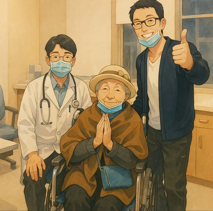 AI生成圖，我媽媽出院後回診與巫炳峰醫師的合照AI生成圖