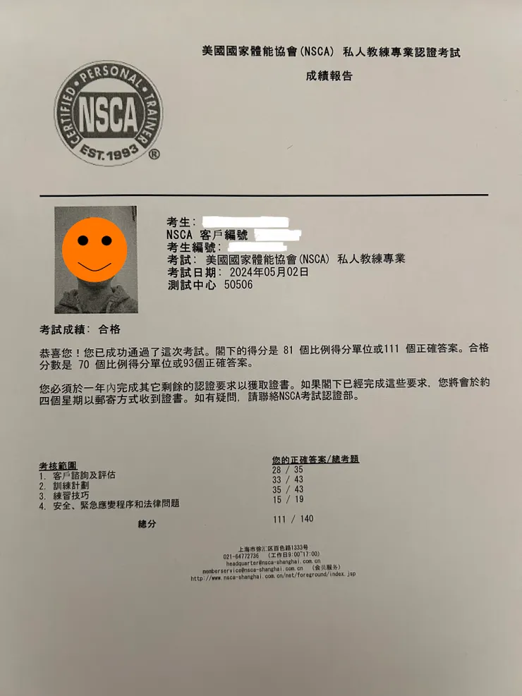 NSCA-CPT證照考試成績單