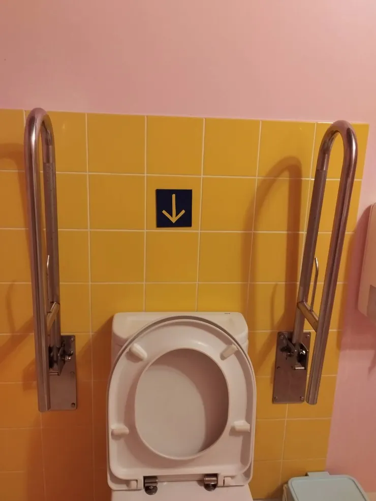 箭頭是朝聖之路的指標,這邊用作馬桶上的沖水記號太有趣了,忍不住拍下。