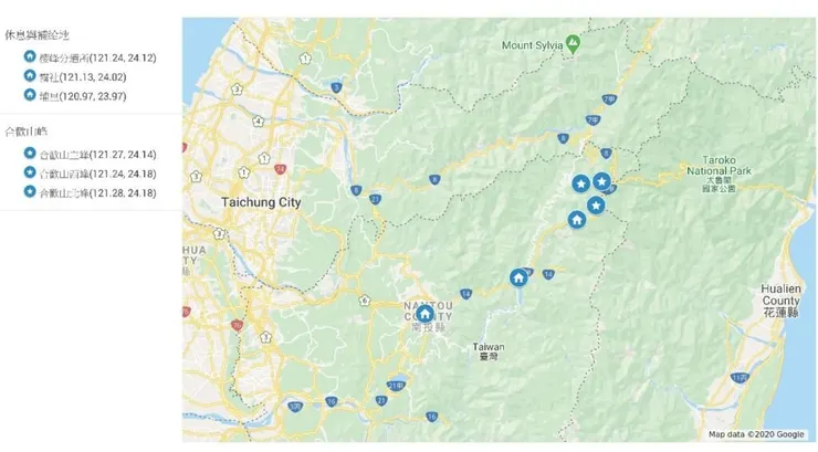 合歡山大山難之相關地點示意圖，筆者使用「我的地圖（Google map系統）」繪製。