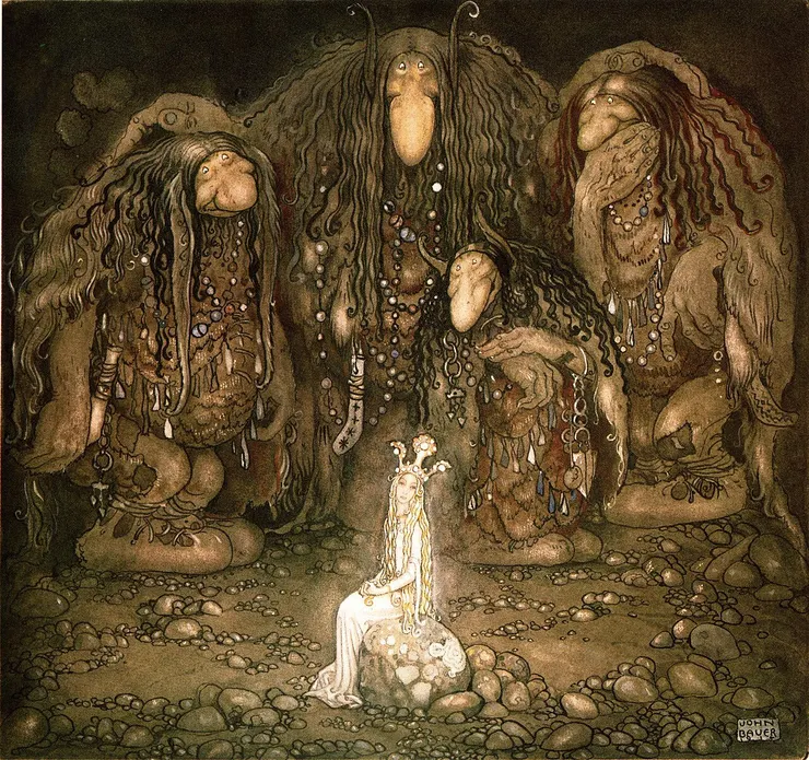 看看他們，巨魔媽媽說：「看看我的兒子們！在月球的這一側你找不到比這更美麗的巨魔了。」 1915，約翰鮑爾《公主與巨魔 – 變形靈》