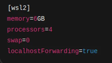 .wslconfig的示例；當中swap即為虛擬記憶體空間，可以MB或GB當作單位