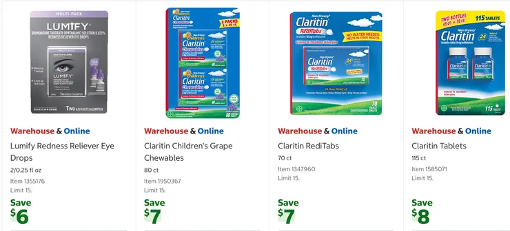 緩解紅眼眼藥水 $28.99、兒童抗過敏咀嚼錠 $32.99、抗過敏即溶片 $27.99、抗過敏錠 $34.99。