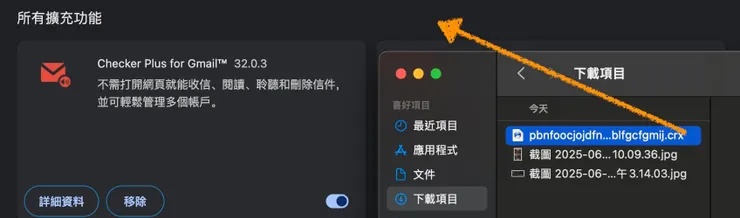 然後將下載回來的CRX檔直接拖曳到“所有擴充功能”畫面裡進行安裝