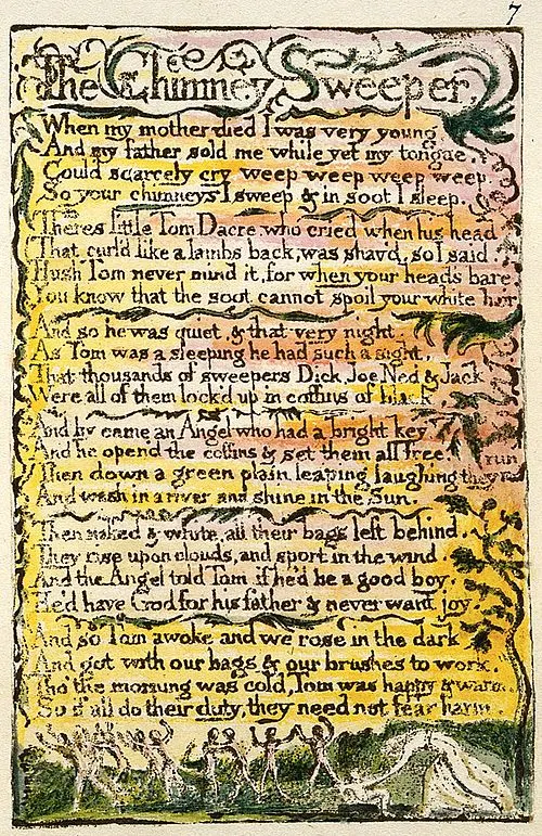 Chimney Sweeper 原本詩人手繪詩歌與插圖，選自《天真之歌 Song of Innocence》