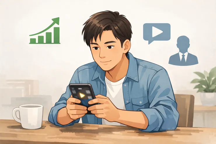人物冷靜觀看短影音,正在理解投資 Reels 的狀況