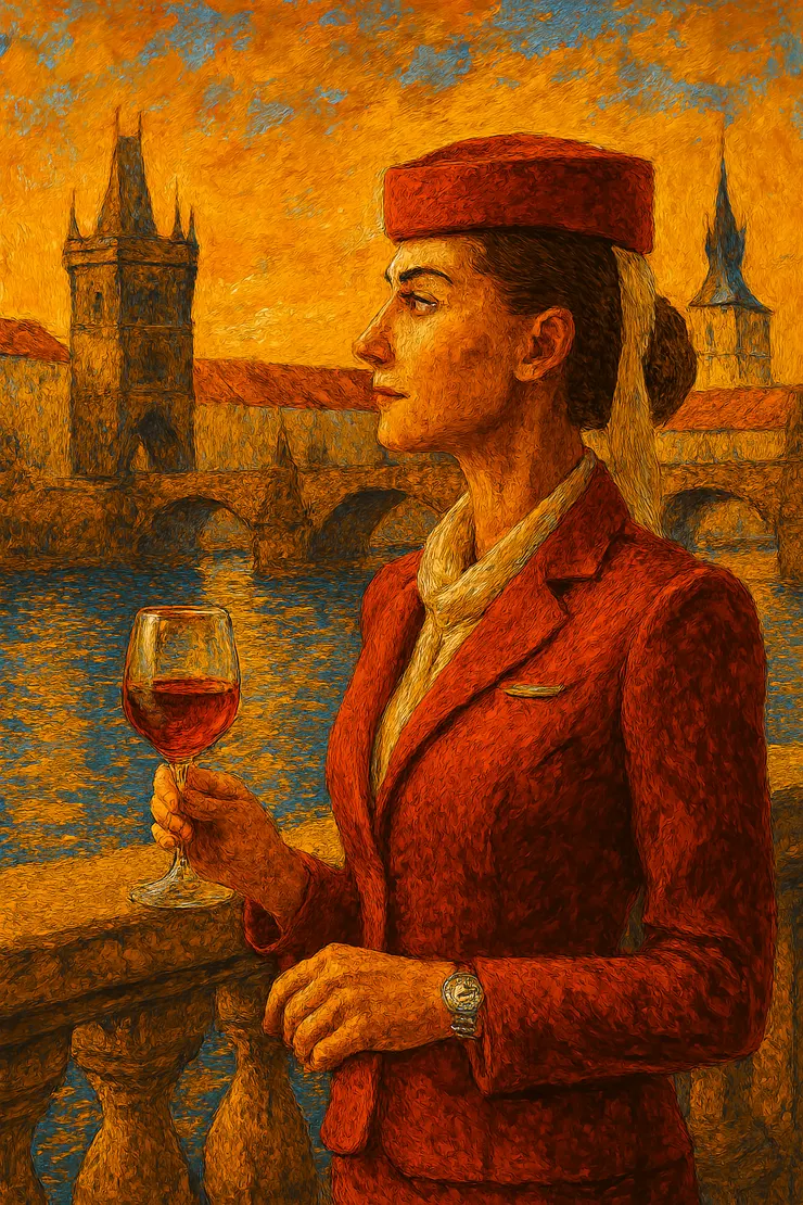 以壓力顏料畫風，畫出一個英文很好的空姐，在捷克知名大橋上看風景的樣子