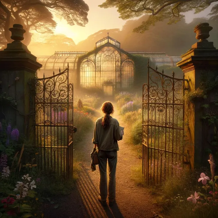  Jane has a look of anticipation and wonder, holding a small notebook and pen, ready to document her journey of restoring the garden.