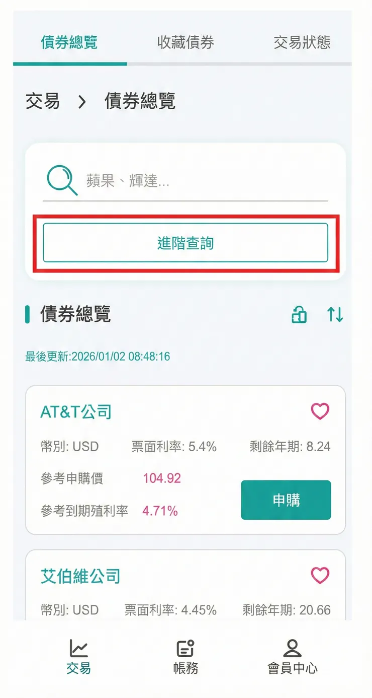 *此畫面為示意圖，實際債券條件依交易當下為主