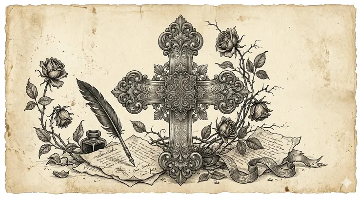 裝飾華麗的十字架、象徵愛情的花以及記憶的紙筆