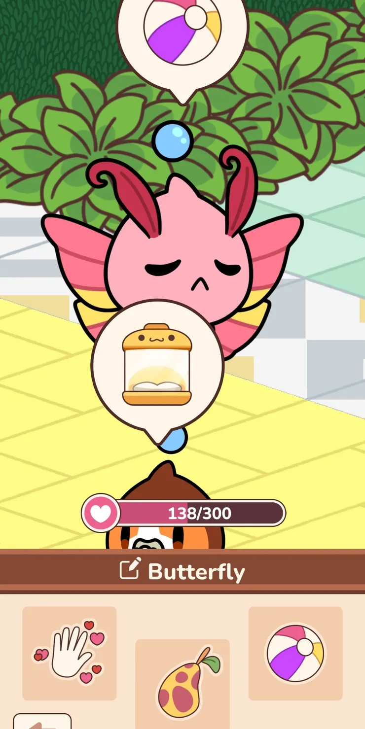 蝴蝶不開心了，要我陪牠玩。話說少年期粉色好看，成年期就變態（？）成閃亮華麗的紫色，趕快先留存起來。／圖片來源：Stepets app截圖