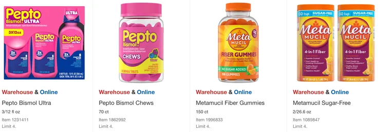 Pepto Bismol 消化道緩解液 $17.99、緩解錠 $17.99、Metamucil 高纖錠 $24.99、高纖粉 $36.99。