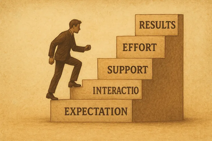 透過階梯展現「期望 → 支持 → 努力 → 成果」的歷程。(本圖由AI協助生成)
