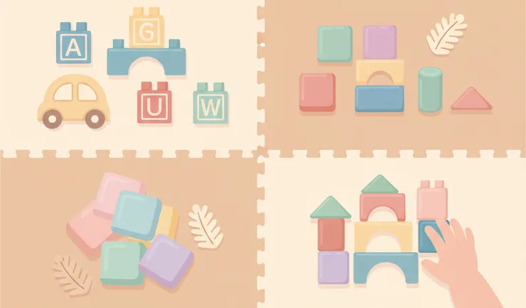 0–2 歲嬰兒積木大集合,包含大顆粒積木、木頭積木、軟積木與鬃毛積木。