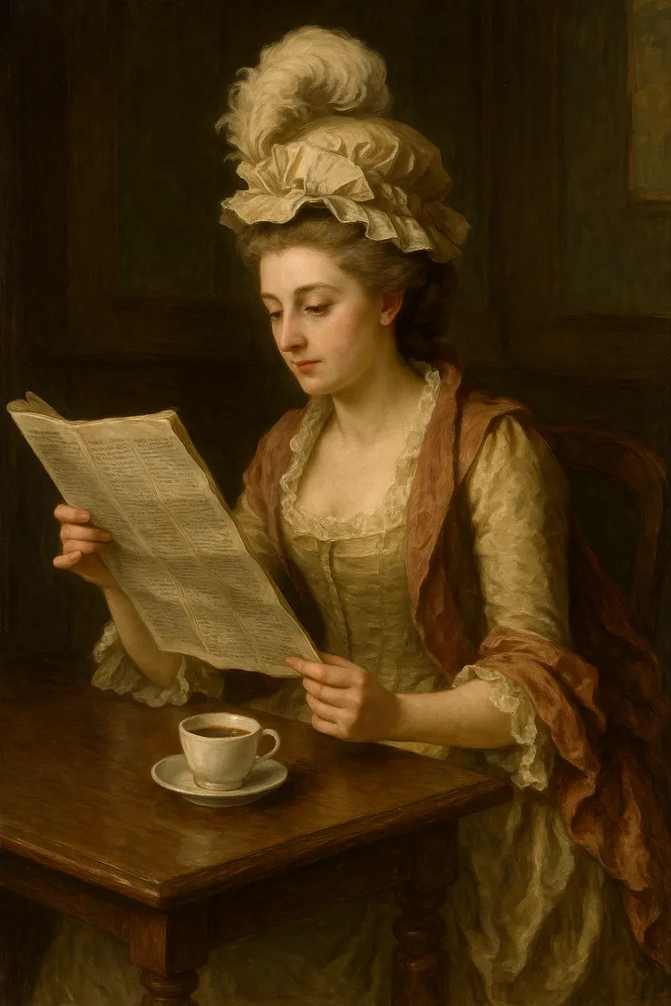 一個在咖啡館閱報的淑女,圖為GPT所製。