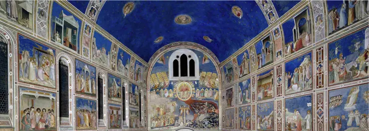 斯克羅維尼禮拜堂壁畫的主色調——青金色，使用中世紀最昂貴的礦物顏料「群青」。由於只產於現在的阿富汗的某個山區，因此在14世紀群青可是比黃金還高貴的存在，但斯克羅維尼決定將群青灑滿整片天空。