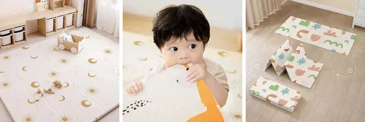 OVORZ XPE 折疊爬行墊的折疊處與材質特寫。強調其無味無毒和折疊收納優點。