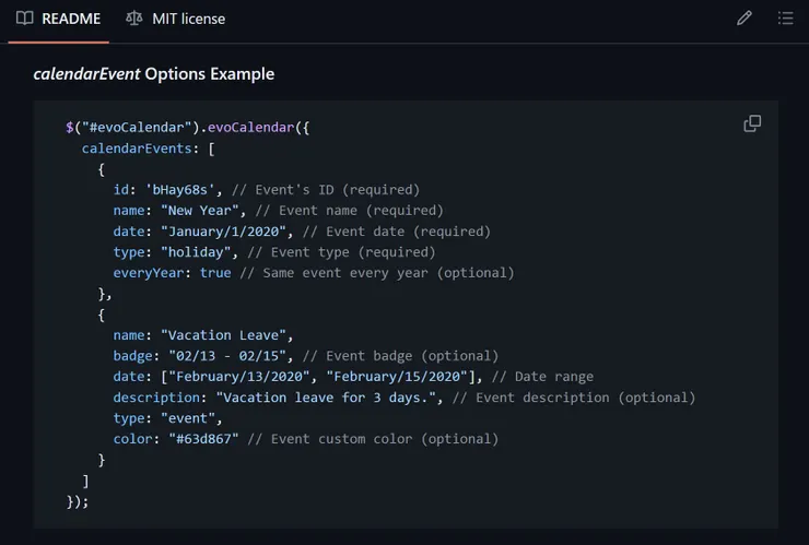 evocalendar 可接收資料格式