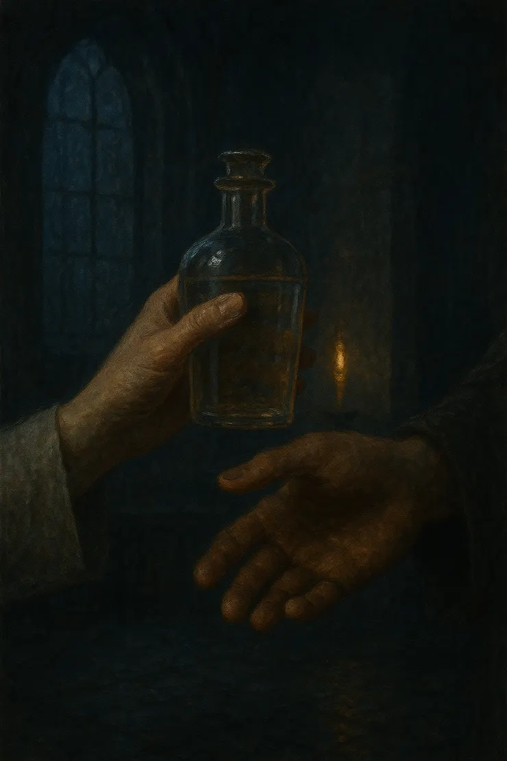 聖水與藥酒瓶上手指輕觸,燭光下氛圍親密而禁忌。〈本章節插圖示意圖由AI協助生成。〉