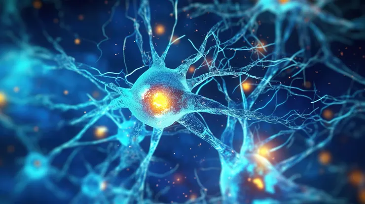 藍色背景中的神經元信號傳遞經由突觸在大腦內部的3D渲染圖