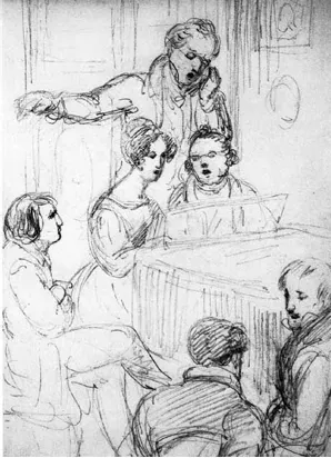 Sketch by Waldmüller of a trio of singers Josephine Fröhlich and Johann Michael Vogl with Schubert singing at the piano