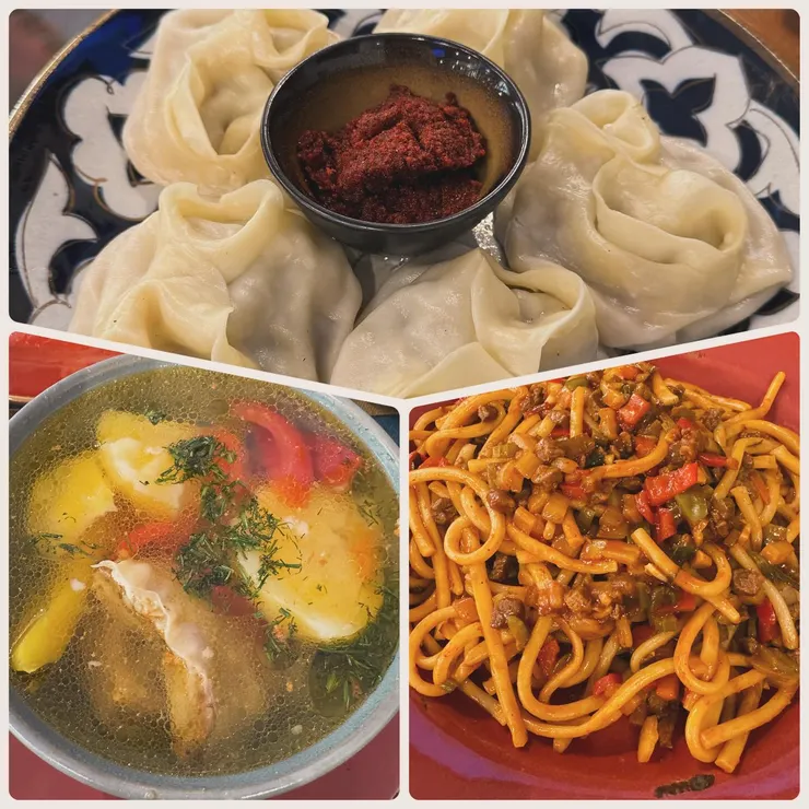 上左右分別為：中亞餃子、羊肉湯、中亞炒拉麵；名字都是我自己取的