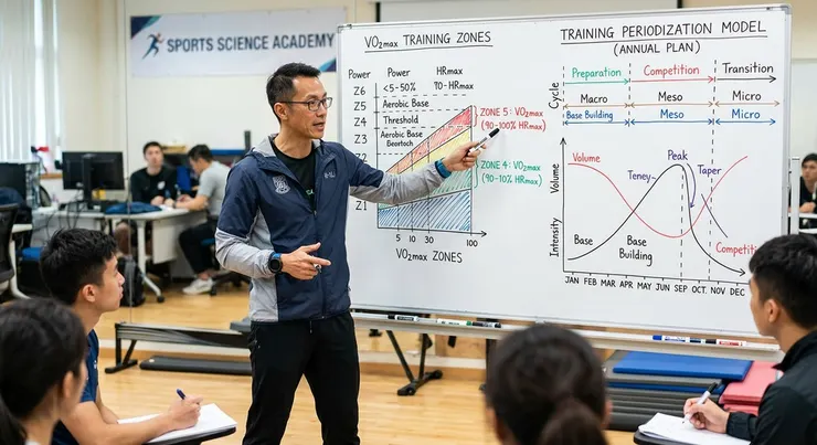 梁練偉運用白板圖表詳細解說VO2max區間與訓練規劃的應用。