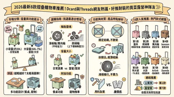 2026最新8款摺疊購物車推薦！Dcard與Threads網友熱議，好推耐裝的買菜露營神隊友 ✨