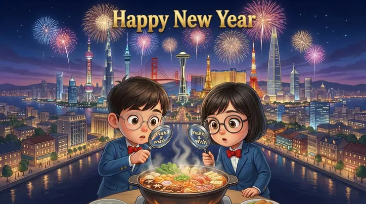 2026 跨年夜，蚯蚓弟弟在絕美城市夜景前與親友圍爐吃火鍋，拿著放大鏡許下新年願望。