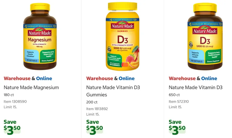 Nature Made 鎂加強錠180顆裝 $19.49、D3 軟糖200顆裝 $19.49、維他命 D3 650顆 $16.49。