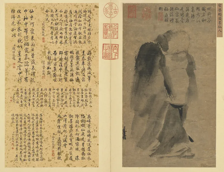 〈潑墨仙人圖〉，南宋梁楷所畫。圖中仙人眉、眼、鼻、嘴擠成一堆，額頭卻很寬大，占去臉部三分之二的面積。形貌雖異於常人，但可能是有所根據。現藏於台北故宮博物院。