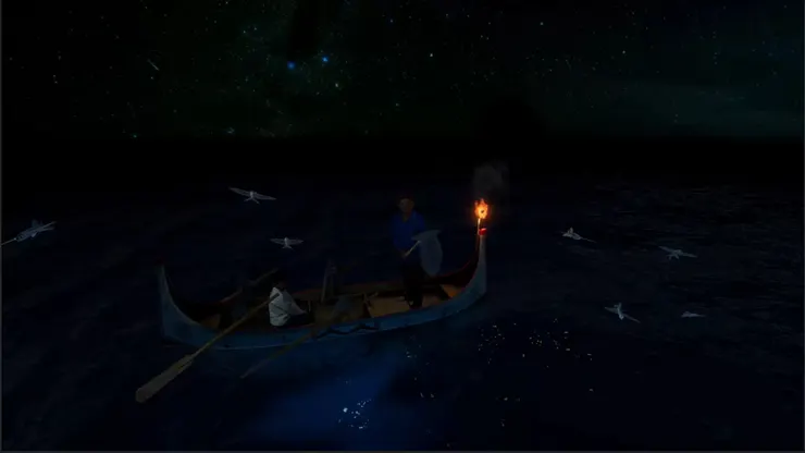 飛魚季開始第一次捕飛魚，只能在夜晚生火誘捕sosowon，不能在白日舟釣。（圖片來源：https://www.kff.tw/index.php/film/content/4807）