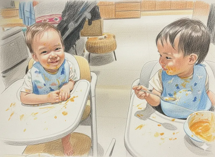 調皮玩著南瓜泥的樂多