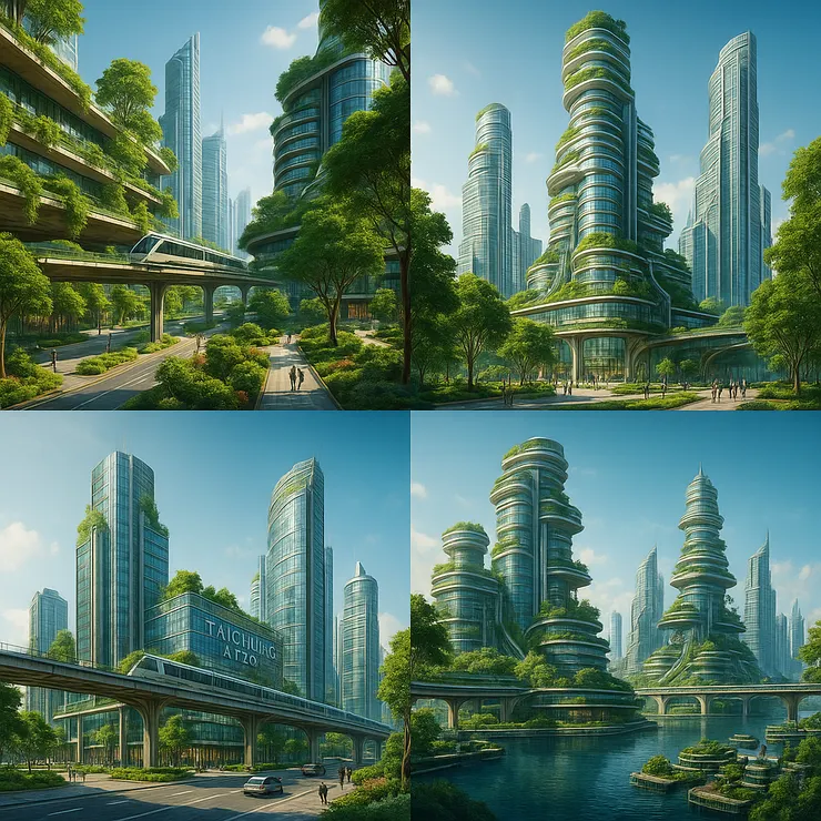 左上：台中草悟道 2150 — 綠能文化廊帶。右上：七期金融城 2150 — 超高塔與能源平台。左下：台中車站 2150 — 軌道文明中心。右下：台中港 2150 — 新濱海文明（水上科技城）