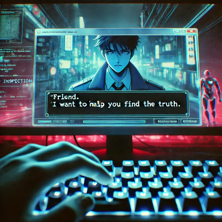 電腦螢幕閃爍陌生訊息，男子緊張地將手停在鍵盤上。