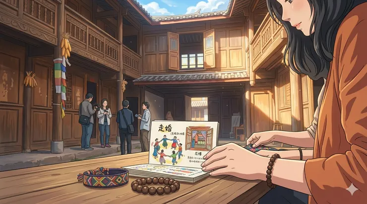 陽光灑進古樸的摩梭四合院，我翻開那本記載著「走婚」習俗的小畫冊。(圖片由AI生成)
