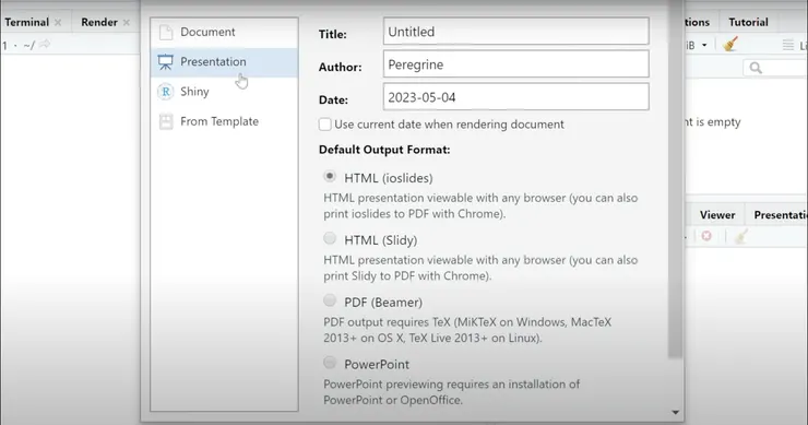 開起R studio點選markdown選單中的'Presentation'