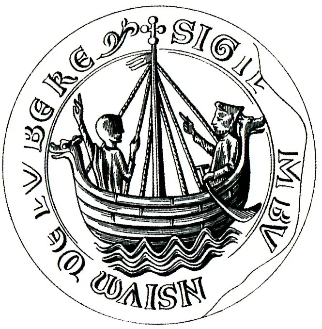 呂貝克（漢薩同盟主要城市之一）的1223年印章。它描繪了一種早期的寇克船型，配有側舵、彎曲的船首柱和船尾柱。