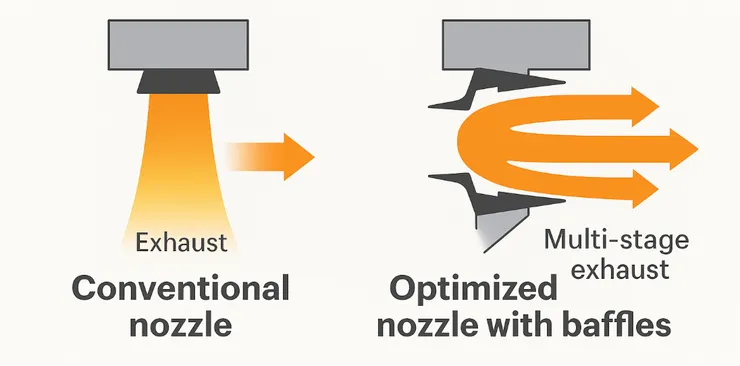 多段噴嘴與整流板設計，有效降低紅外與雷達偵測風險。