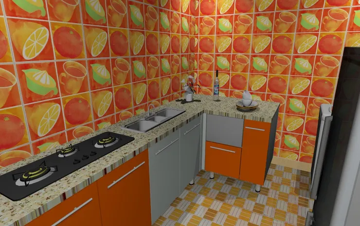 這款廚櫃跟我家的超像！也是橙色配白色，連上面的雲石面板也是這樣！