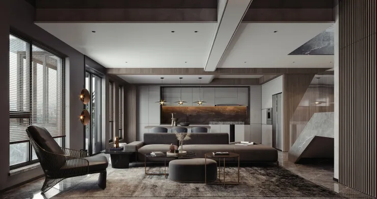 挑高空間的大面落地窗引入自然採光，結合多層次水晶吊燈與現代無主燈設計，營造開闊且具戲劇張力的光影氛圍。