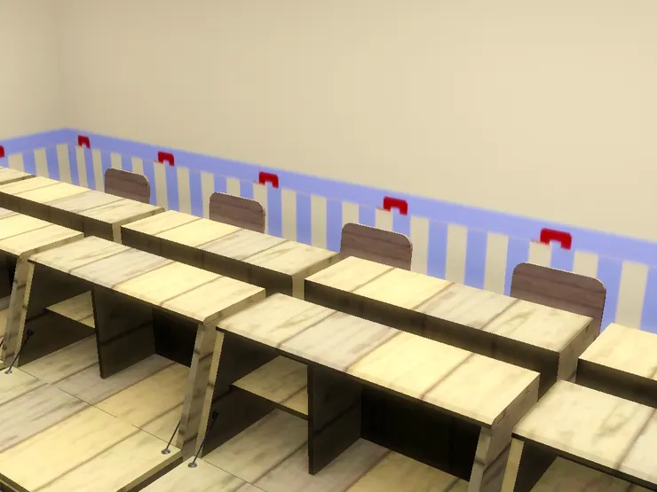 桌椅跟牆壁一樣以暖色為主。