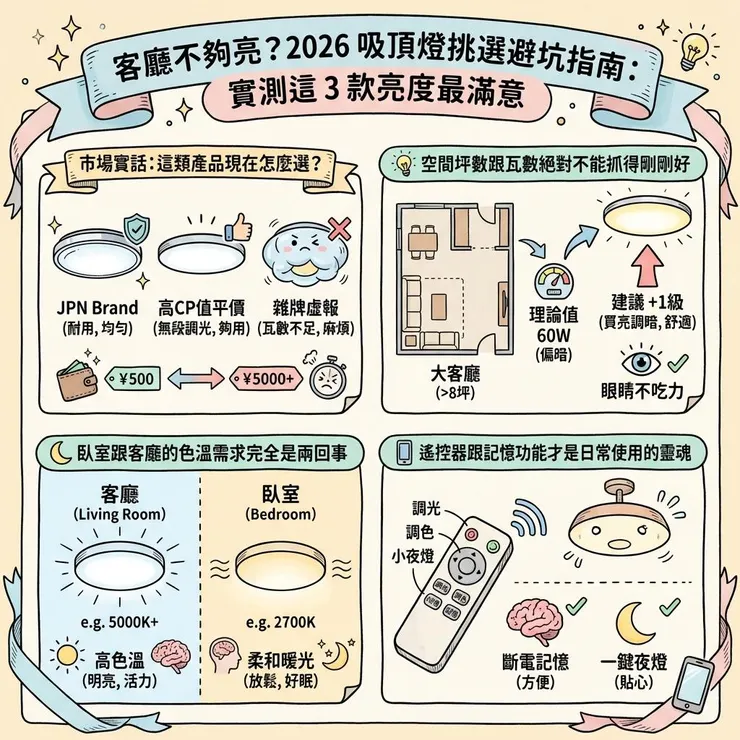 客廳不夠亮？2026 吸頂燈挑選避坑指南：實測這 3 款亮度最滿意