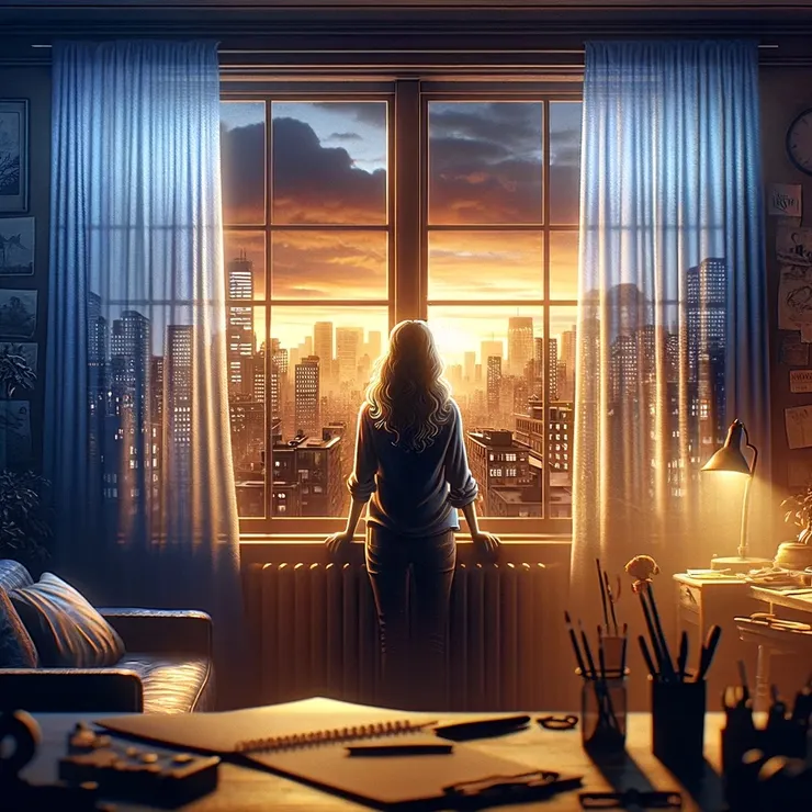 Jane stood behind the transparent veil of her apartment window, her gaze fixed upon the intricate dance of lights and shadows cast by the setting sun. 