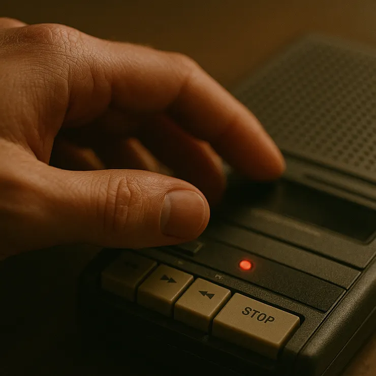 拇指停在停止鍵上，紅燈尚亮；下一秒將熄，房間一起呼一口氣。