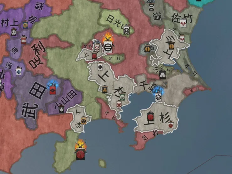 上杉之亂／《Crusader Kings 3》mod《Shogunate》遊戲截圖。犬懸上杉家與千葉氏、甲斐武田氏對抗鎌倉府與山內上杉氏