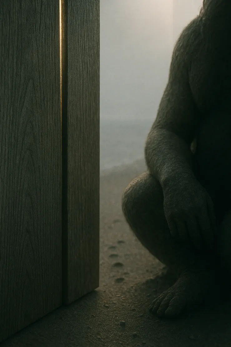 附語：木門收至一指寬，一束薄金線切入暗室；有人靠門坐著，只見手臂與木紋 。礫灘上腳印被霧吞成一串逗點。