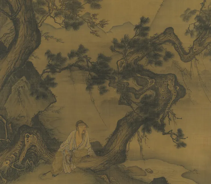 (宋)馬麟「靜聽松風圖」(局部截圖) 。一高士敞開衣襟，斜倚身體，神情閒適地坐於二松之間，似聽風冥想
