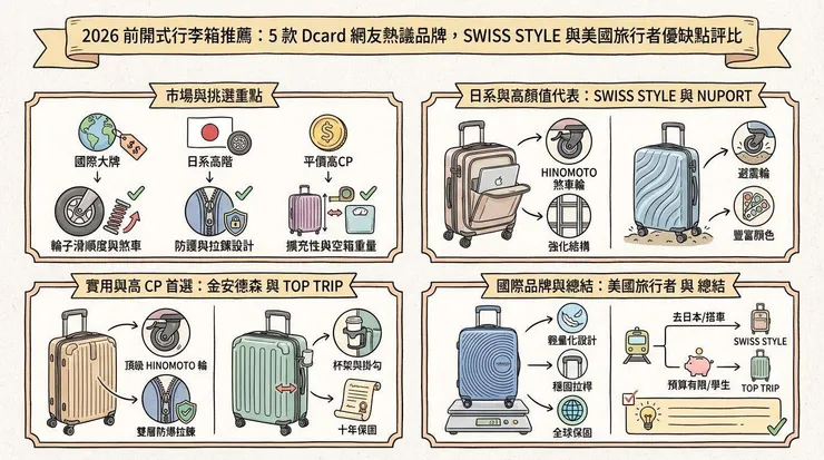 2026 前開式行李箱推薦：5 款 Dcard 網友熱議品牌，SWISS STYLE 與美國旅行者優缺點評比
