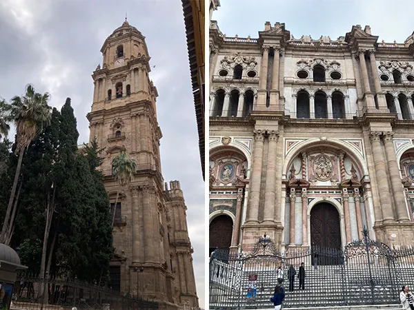 (左)已完成的北塔，和稍遠處未完成的南塔 (右)主座教堂正面